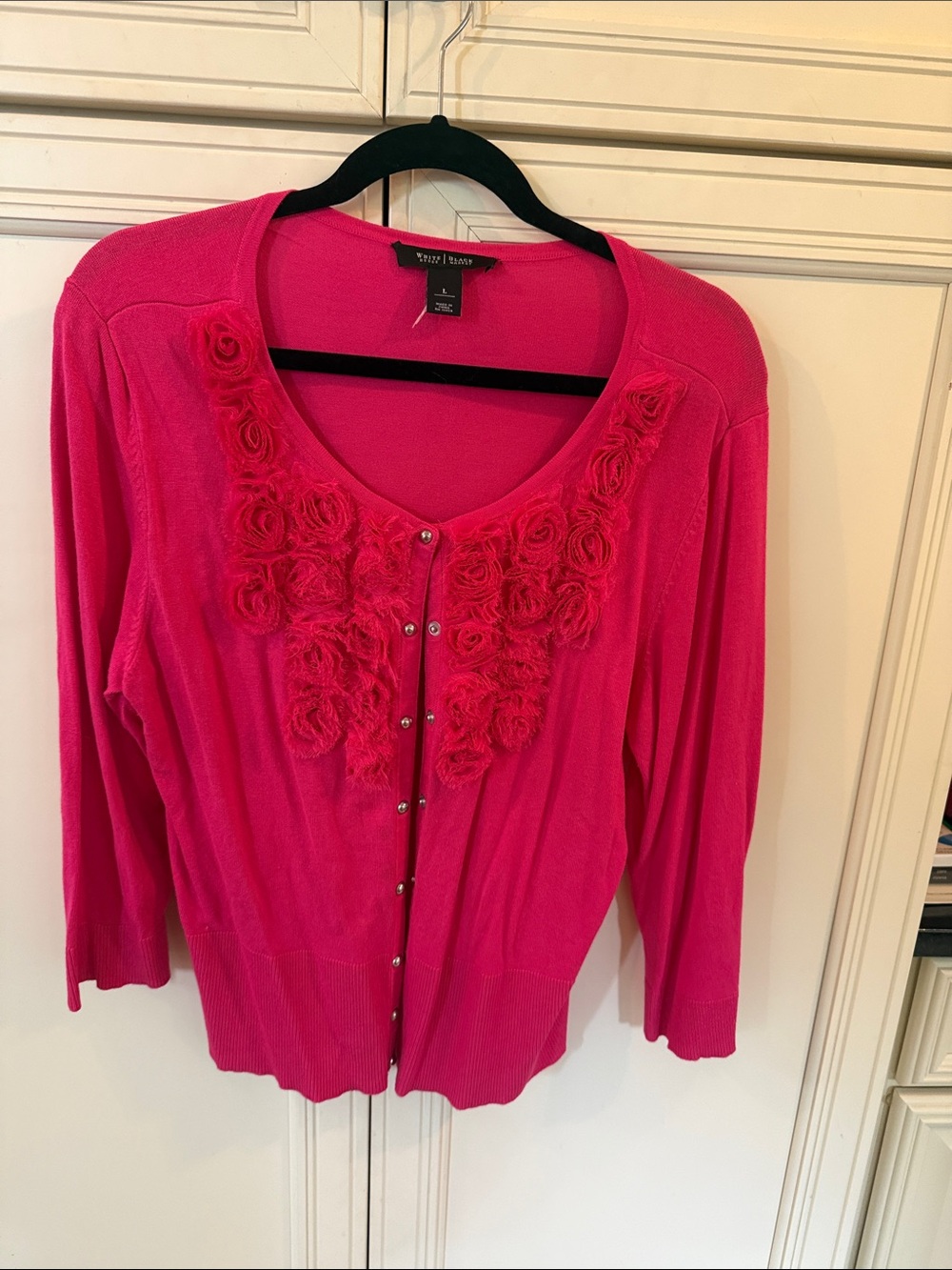 White House Black Market Hot Pink Rosette Button Cardigan